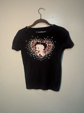 Betty Boop Black Tee with Leopard Heart and Rhinestones